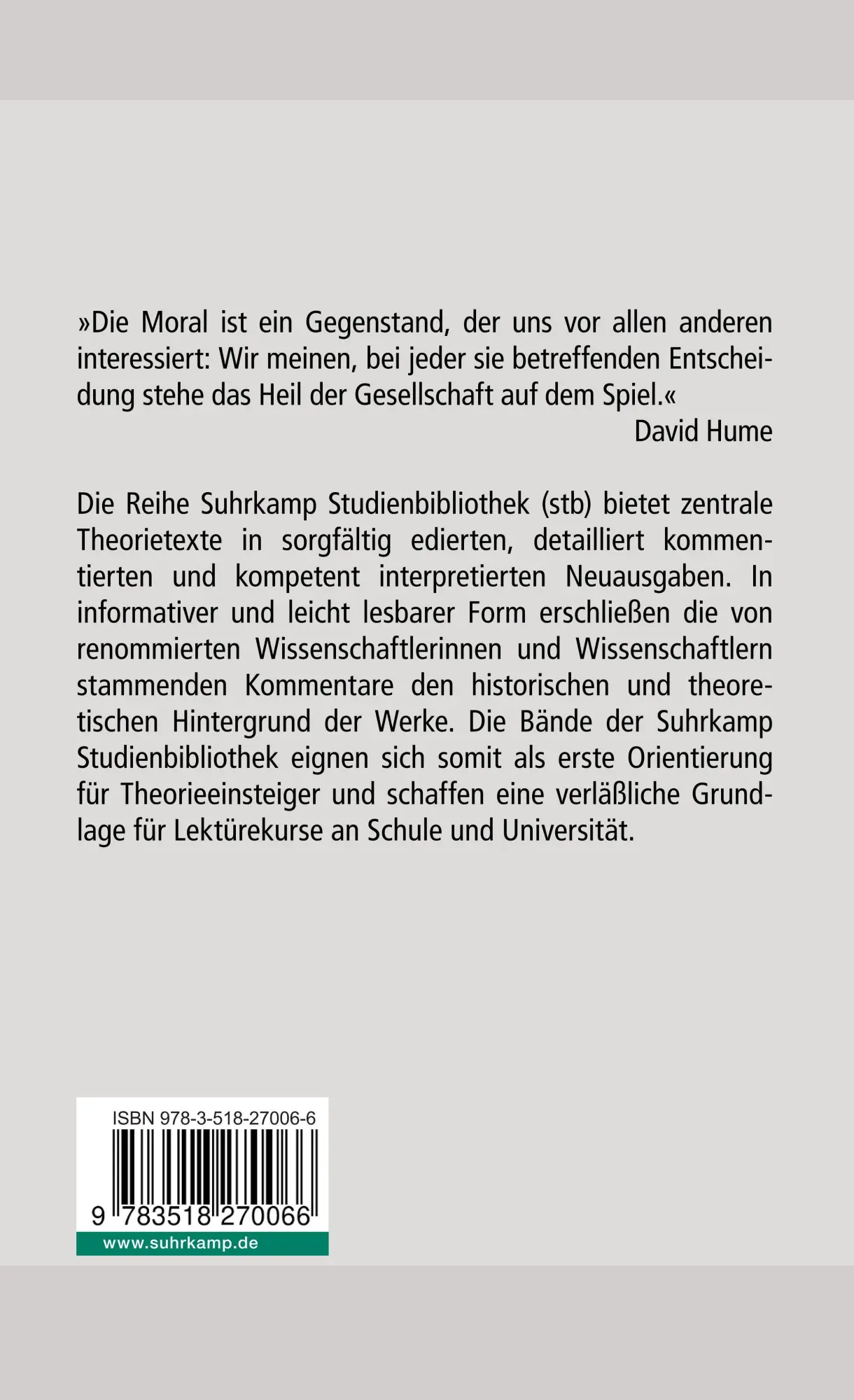 Rückseite: 9783518270066 | Über Moral | David Hume | Taschenbuch | Suhrkamp Studienbibliothek