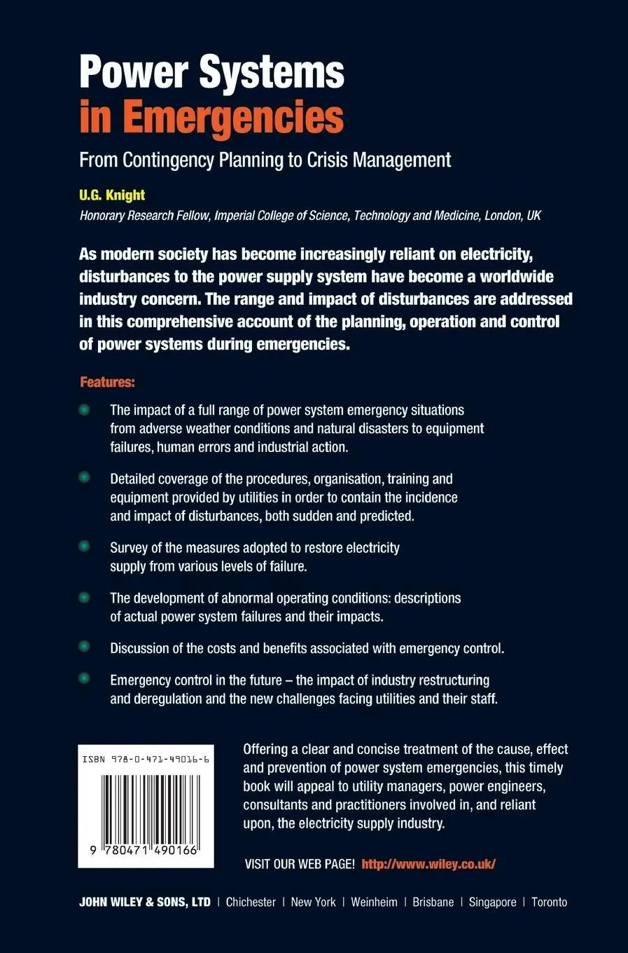 Rückseite: 9780471490166 | Power Systems in Emergencies | U G Knight | Buch | Englisch | 2001