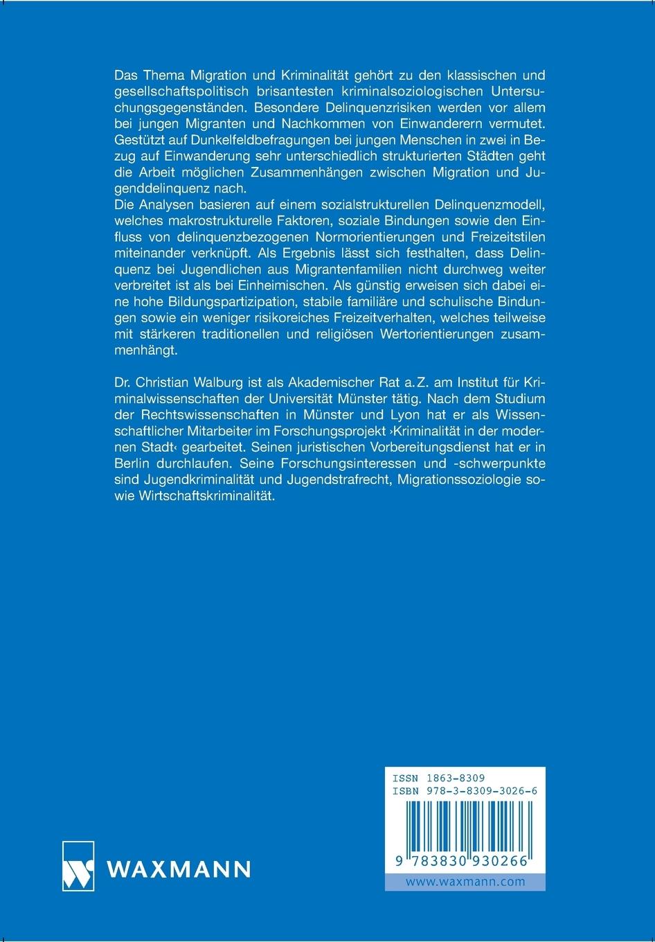 Rückseite: 9783830930266 | Migration und Jugenddelinquenz | Christian Walburg | Taschenbuch