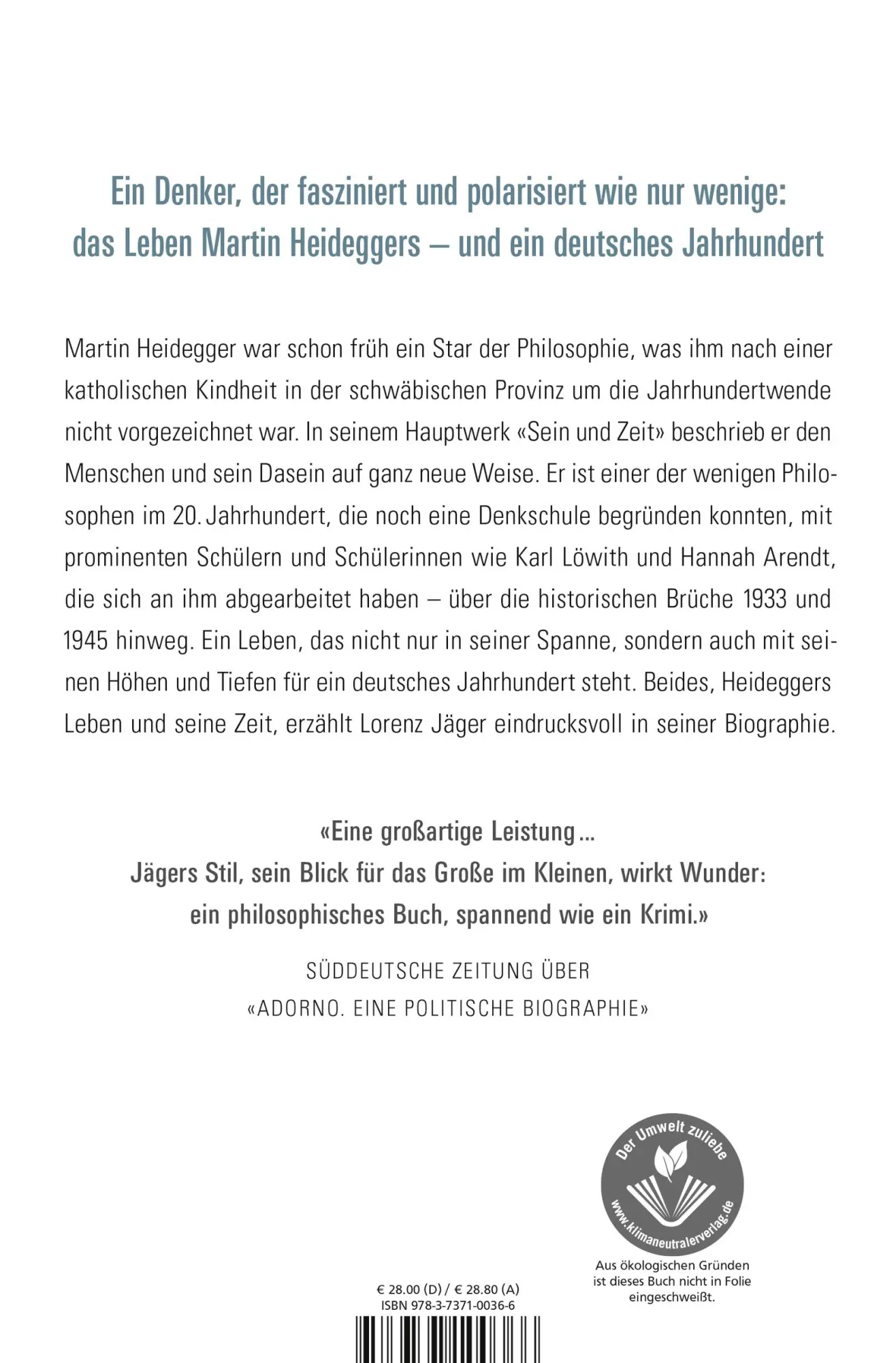 Rückseite: 9783737100366 | Heidegger | Ein deutsches Leben | Lorenz Jäger | Buch | 608 S. | 2021