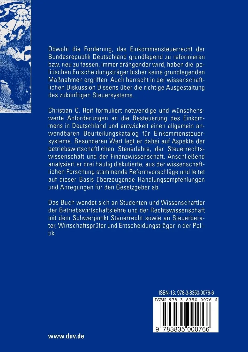 Rückseite: 9783835000766 | Reform der Besteuerung des Einkommens | Christian Reif | Taschenbuch