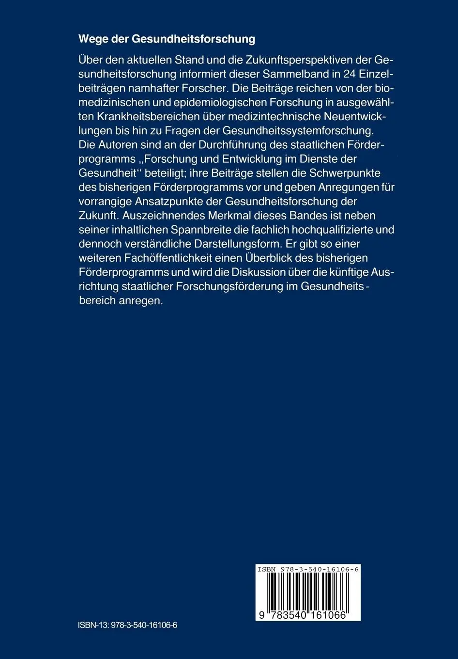 Rückseite: 9783540161066 | Wege der Gesundheitsforschung | Rudolf W. J. Gross | Taschenbuch