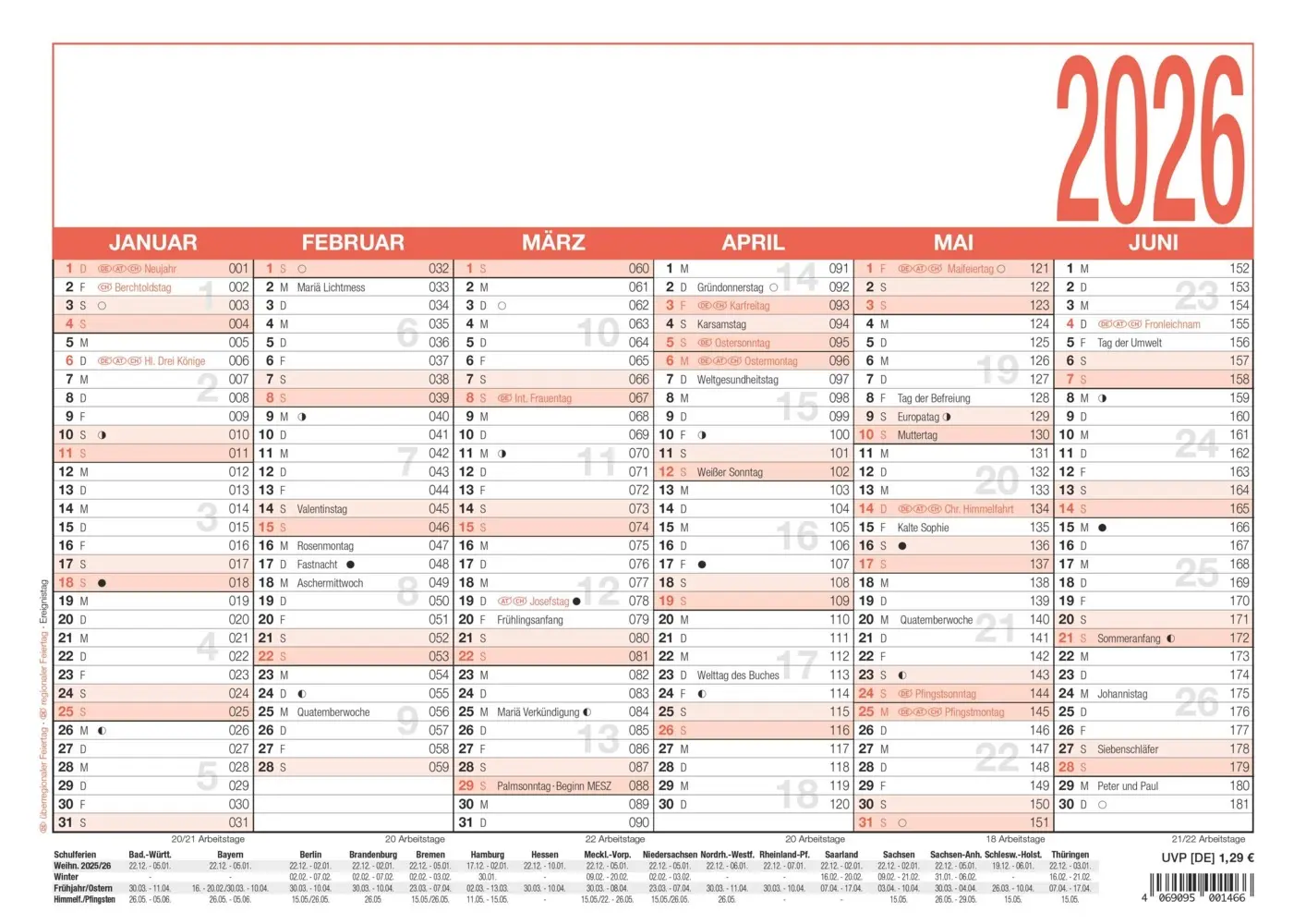 Cover: 4069095001466 | Zettler Arbeitstagekalender A4 2026 - Bürokalender groß 30 × 21 cm,...