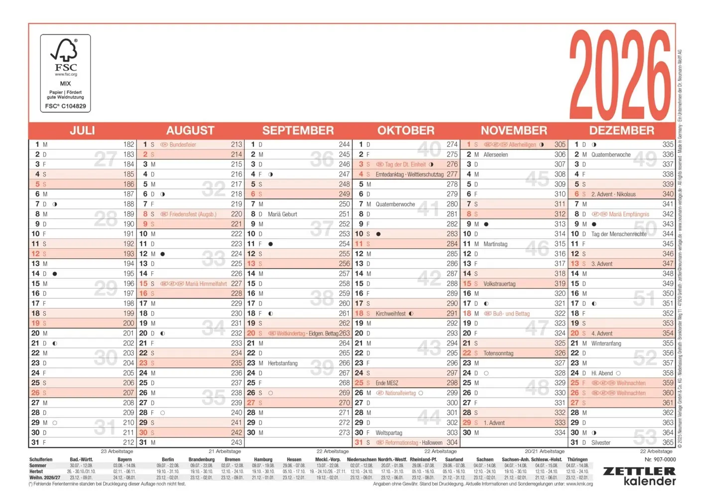 Bild: 4069095001466 | Zettler Arbeitstagekalender A4 2026 - Bürokalender groß 30 × 21 cm,...