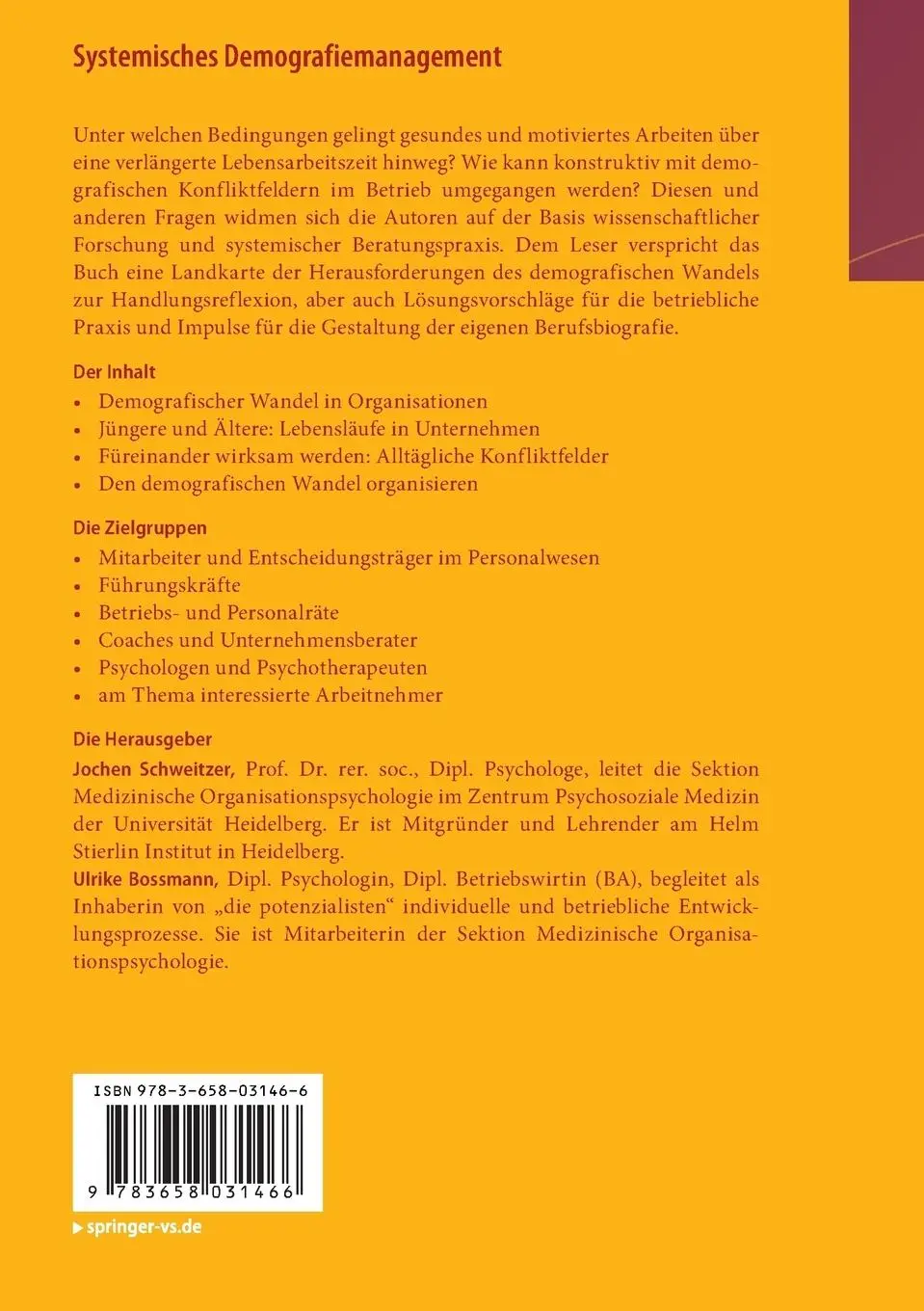 Rückseite: 9783658031466 | Systemisches Demografiemanagement | Ulrike Bossmann (u. a.) | Buch
