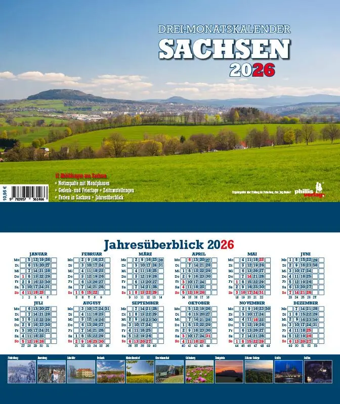 Cover: 9783957561466 | 3-Monatskalender Sachsen 2026 | Jörg Neubert | Kalender | Datumsreiter