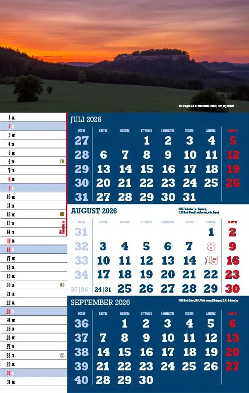 Bild: 9783957561466 | 3-Monatskalender Sachsen 2026 | Jörg Neubert | Kalender | Datumsreiter