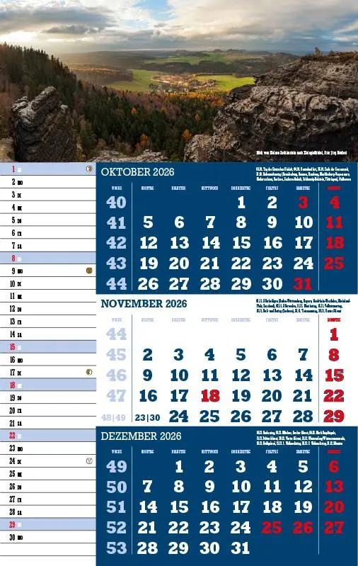 Bild: 9783957561466 | 3-Monatskalender Sachsen 2026 | Jörg Neubert | Kalender | Datumsreiter