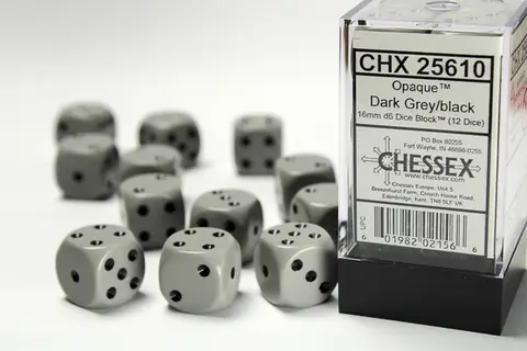 Cover: 601982021566 | Opaque 16mm d6 Grey/black Dice Block™ (12 dice) | deutsch | Chessex