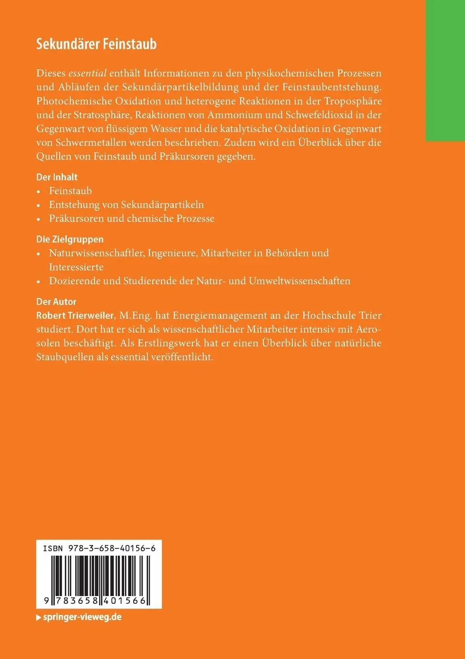 Rückseite: 9783658401566 | Sekundärer Feinstaub | Robert Trierweiler | Taschenbuch | IX | Deutsch