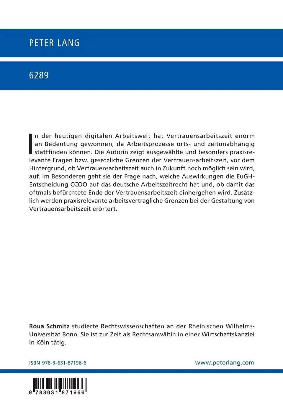 Rückseite: 9783631871966 | Die Zukunft der Vertrauensarbeitszeit | Roua Schmitz | Taschenbuch
