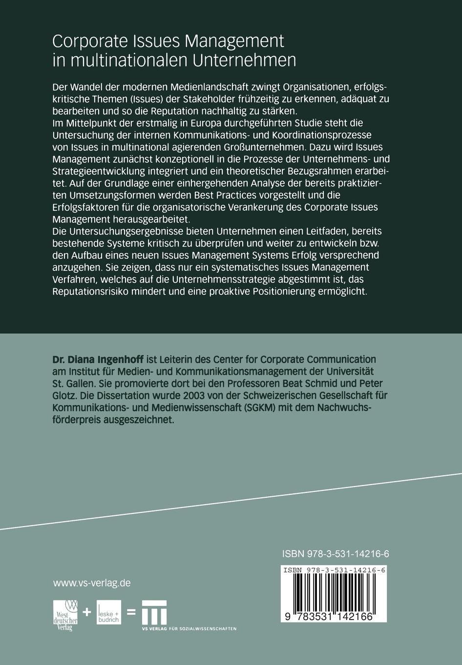 Rückseite: 9783531142166 | Corporate Issues Management in multinationalen Unternehmen | Ingenhoff
