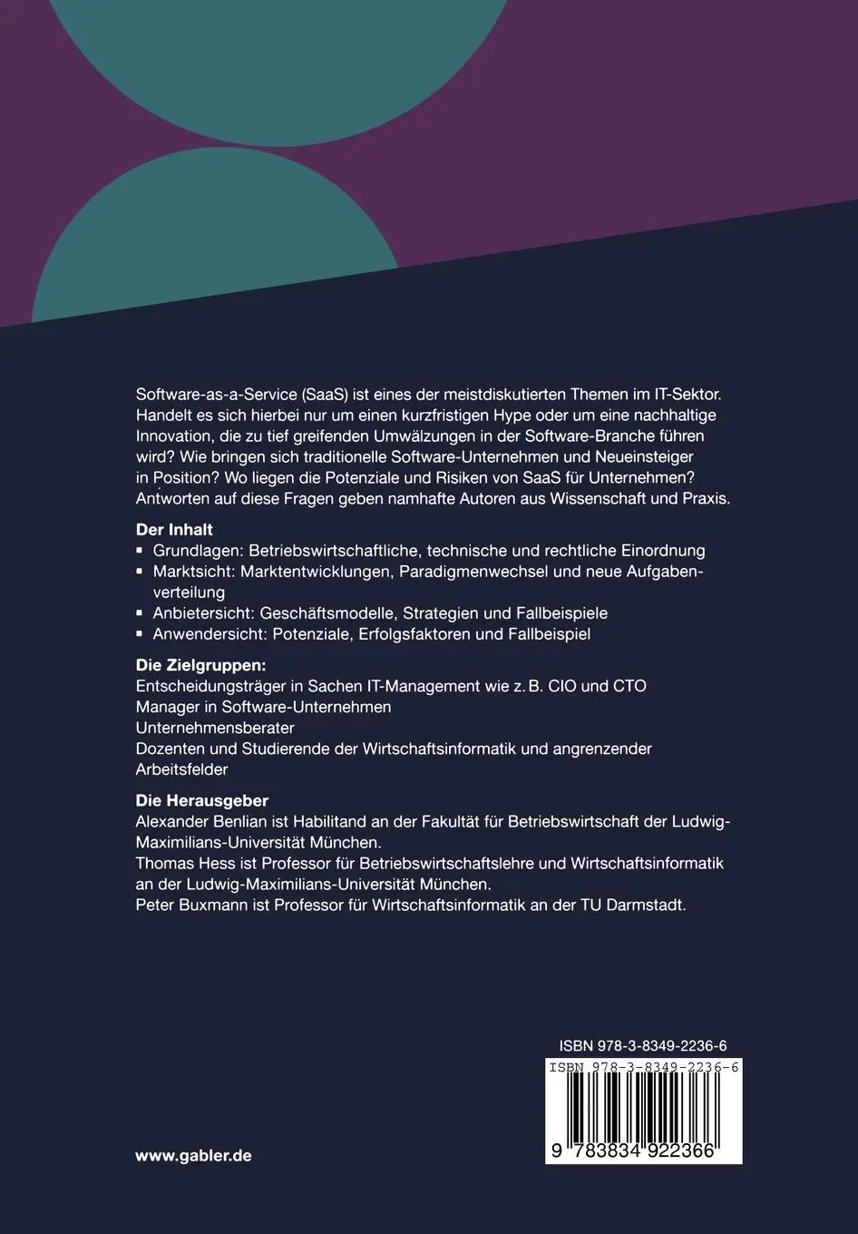 Rückseite: 9783834922366 | Software-as-a-Service | Peter Buxmann (u. a.) | Taschenbuch | 278 S.