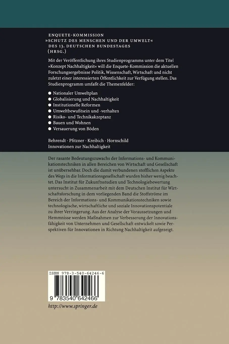 Rückseite: 9783540642466 | Innovationen zur Nachhaltigkeit | Ralf Pfitzner (u. a.) | Buch | xxi