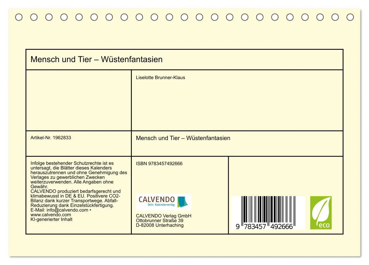 Bild: 9783457492666 | Mensch und Tier - Wüstenfantasien (Tischkalender 2026 DIN A5 quer),...