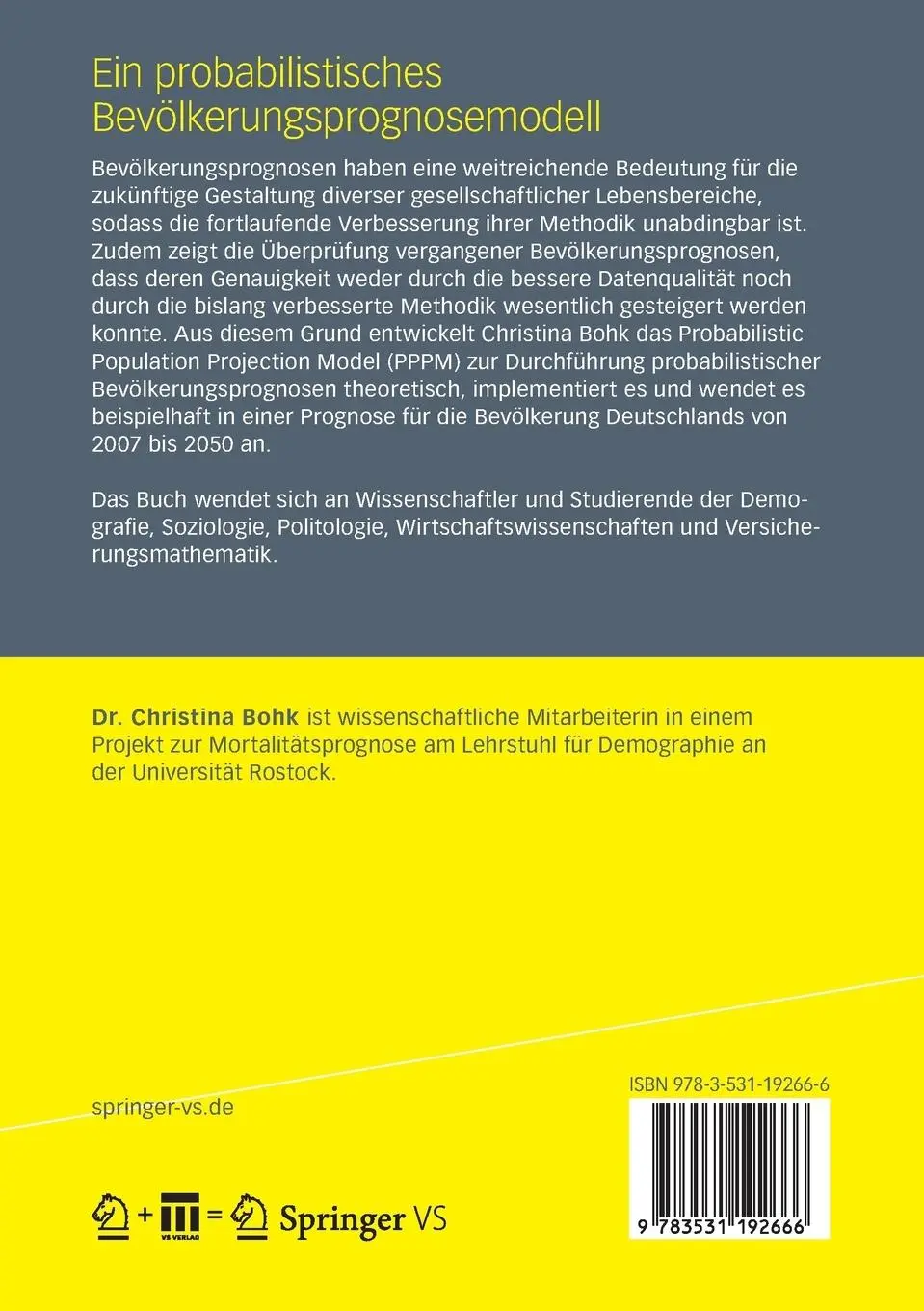 Rückseite: 9783531192666 | Ein probabilistisches Bevölkerungsprognosemodell | Christina Bohk