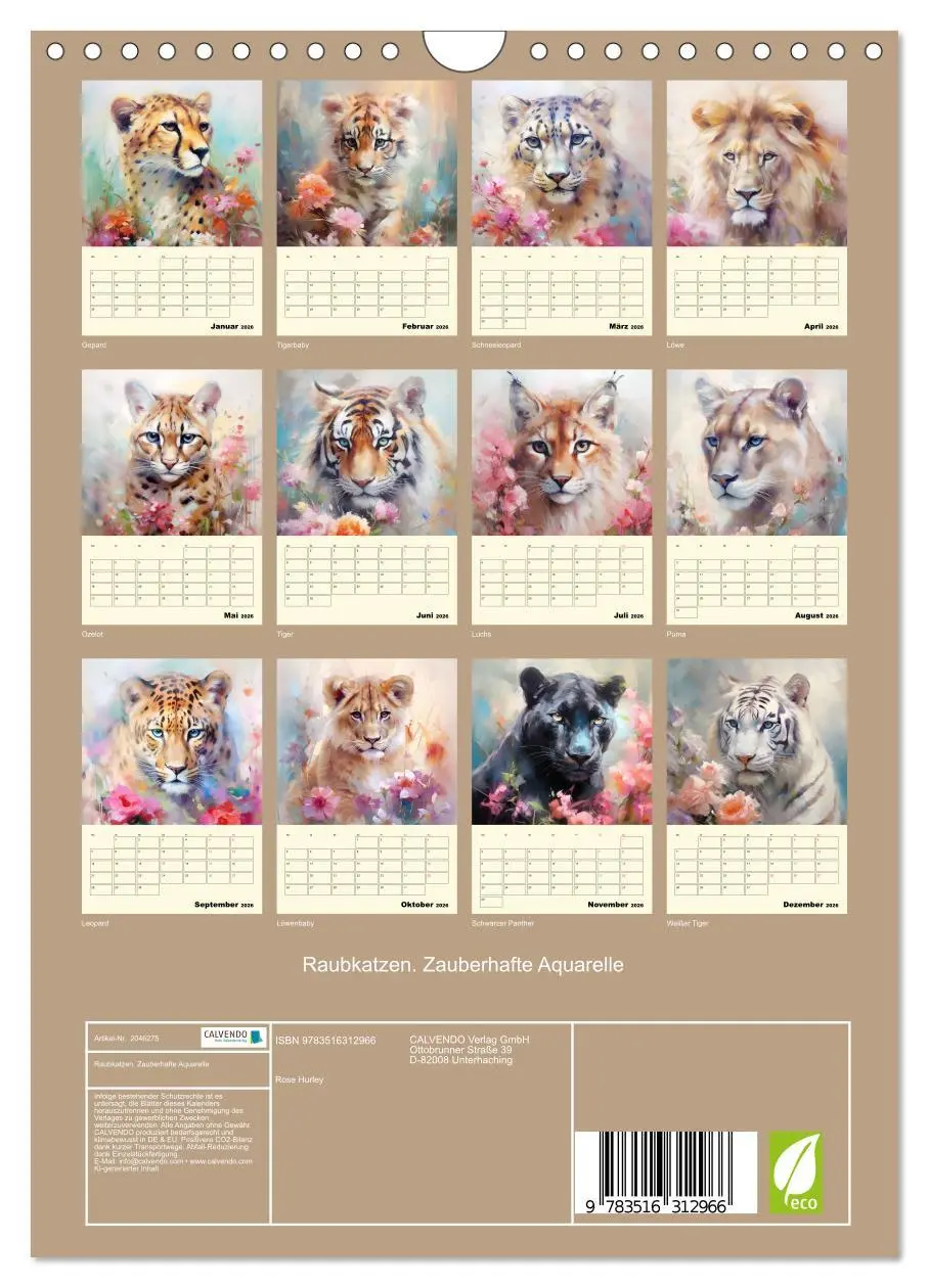 Bild: 9783516312966 | Raubkatzen. Zauberhafte Aquarelle (Wandkalender 2026 DIN A4 hoch),...