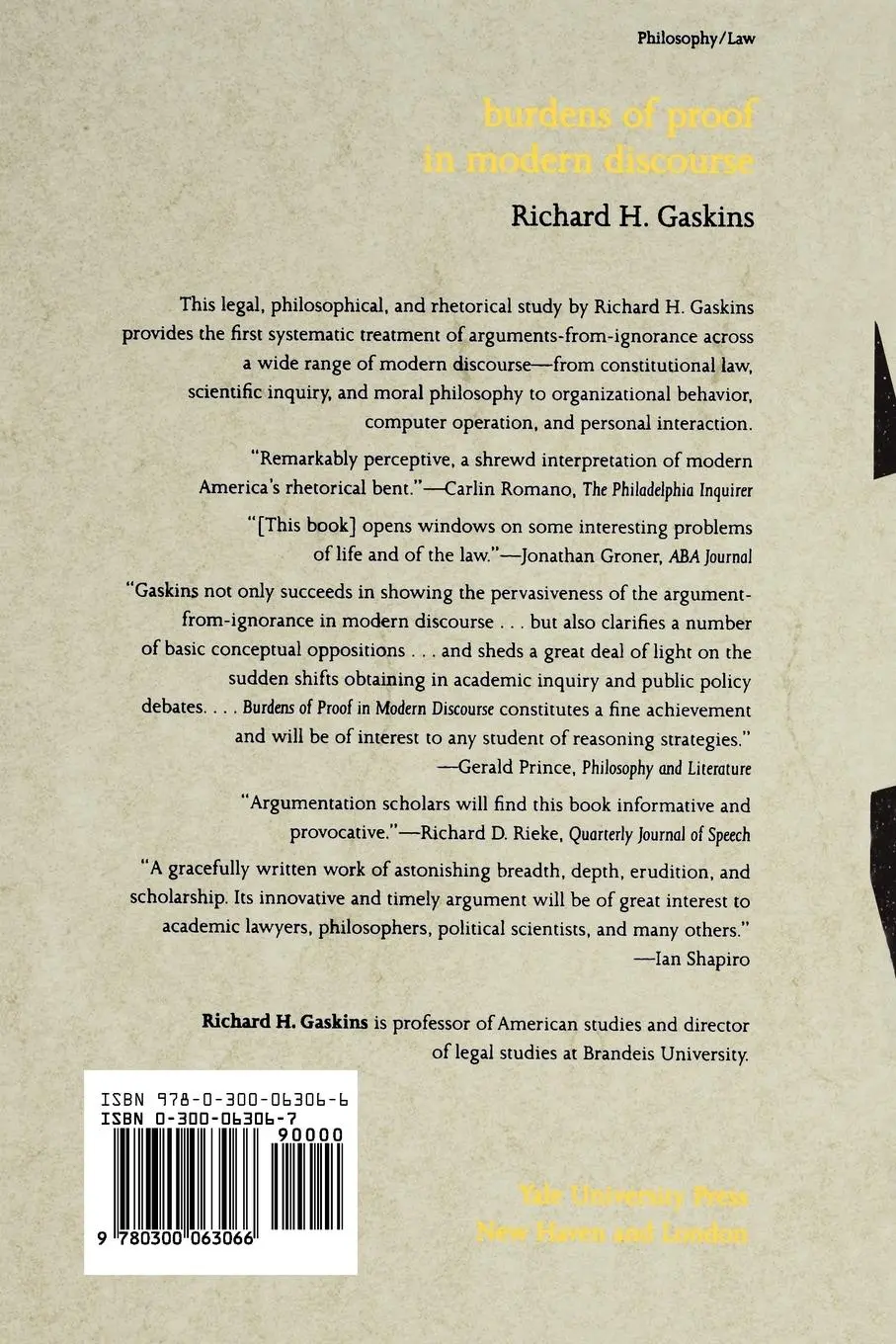 Rückseite: 9780300063066 | Burdens of Proof in Modern Discourse | Richard H. Gaskins | Buch