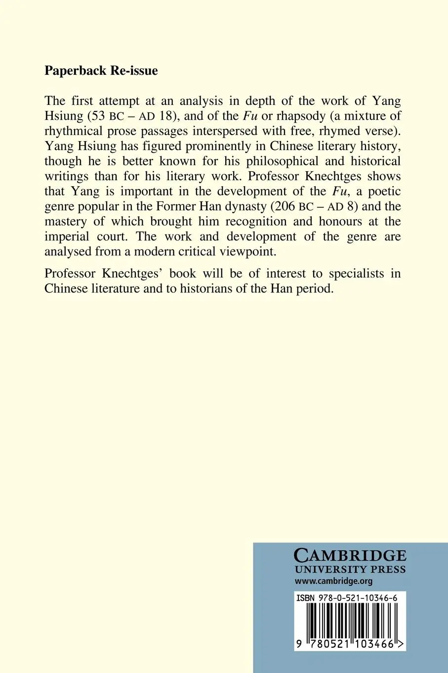 Rückseite: 9780521103466 | The Han Rhapsody | A Study of the Fu of Yang Hsiung (53 B.C. A.D.18)