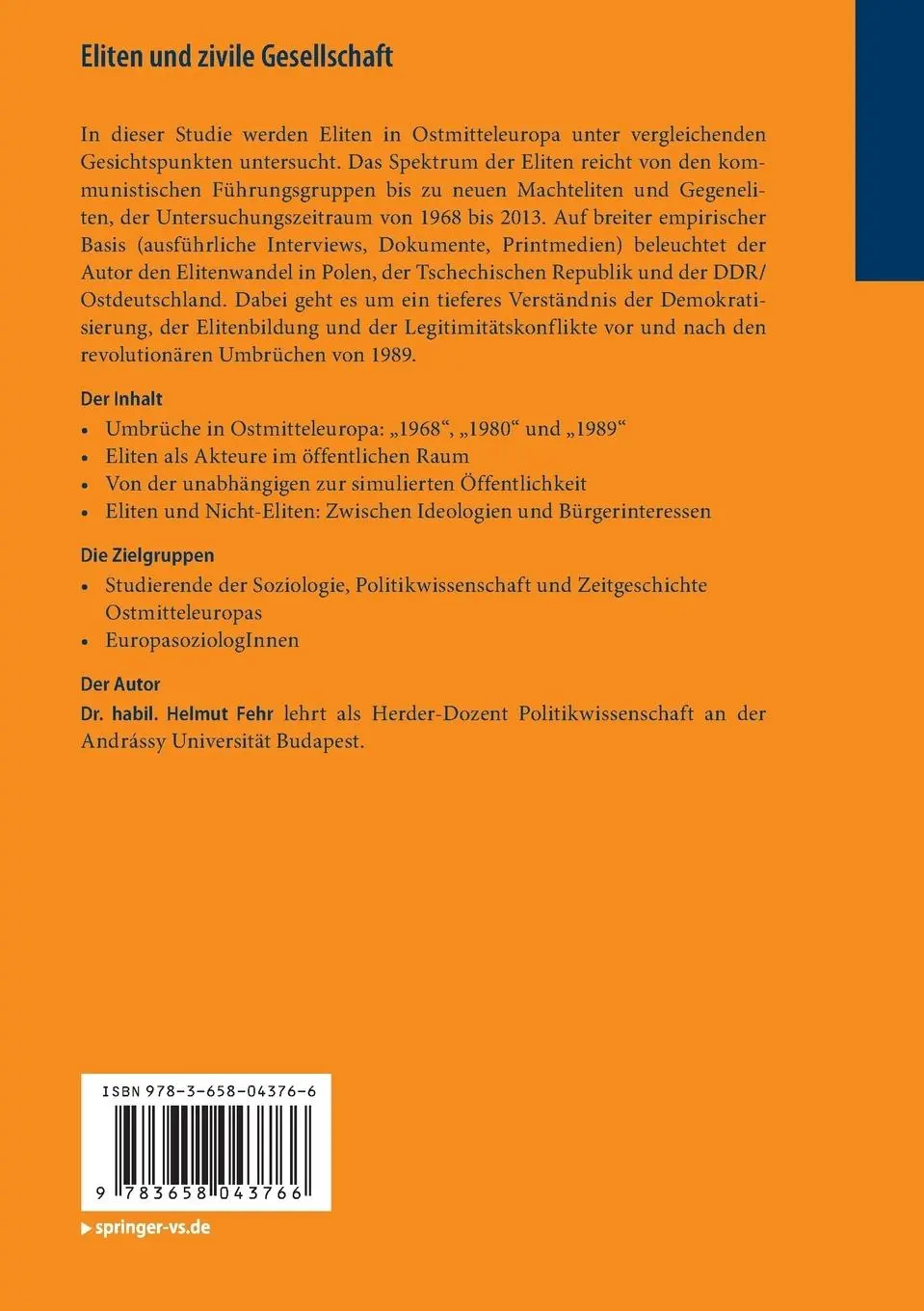 Rückseite: 9783658043766 | Eliten und zivile Gesellschaft | Helmut Fehr | Taschenbuch | xiv