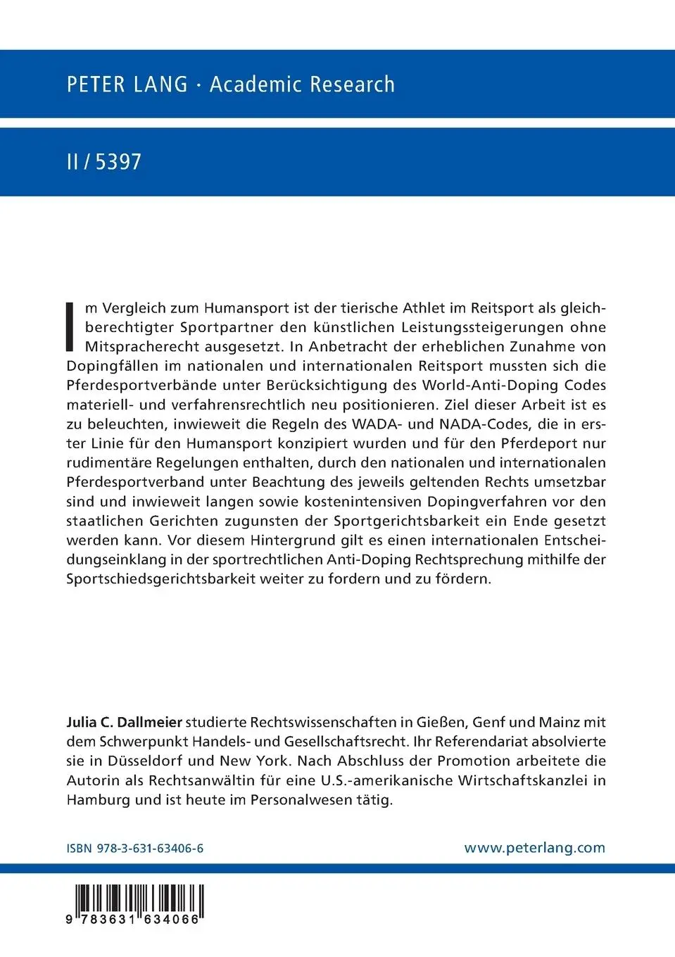 Rückseite: 9783631634066 | Dopingregeln im Pferdesport | Julia Dallmeier | Taschenbuch | Deutsch