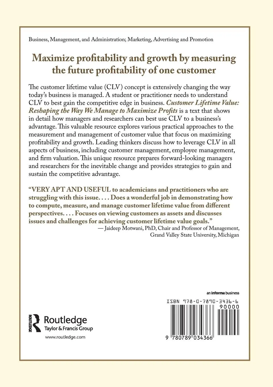 Rückseite: 9780789034366 | Customer Lifetime Value | David Bejou (u. a.) | Taschenbuch | Englisch