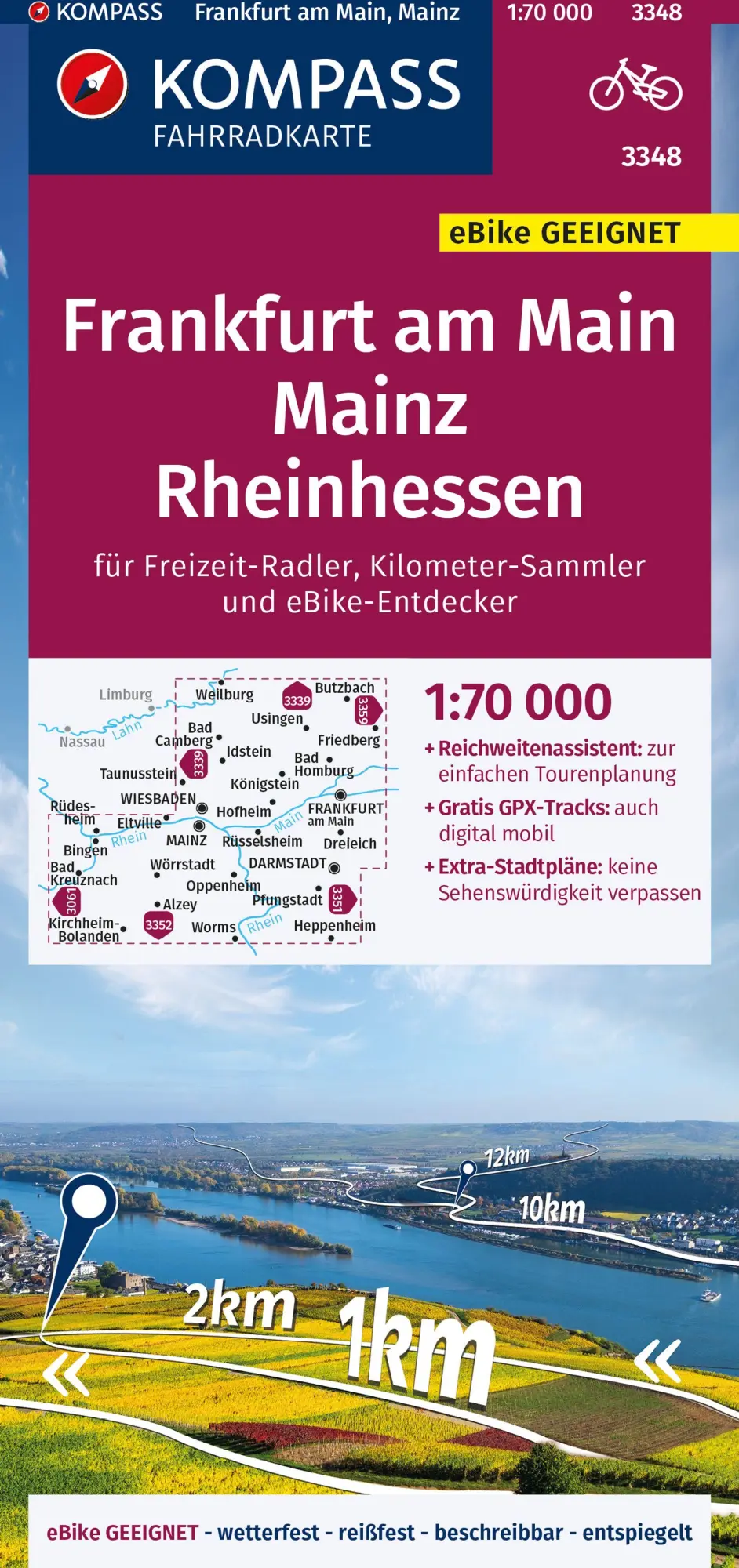 Cover: 9783991214366 | KOMPASS Fahrradkarte 3348 Frankfurt a.M., Mainz, Rheinhessen 1:70.000