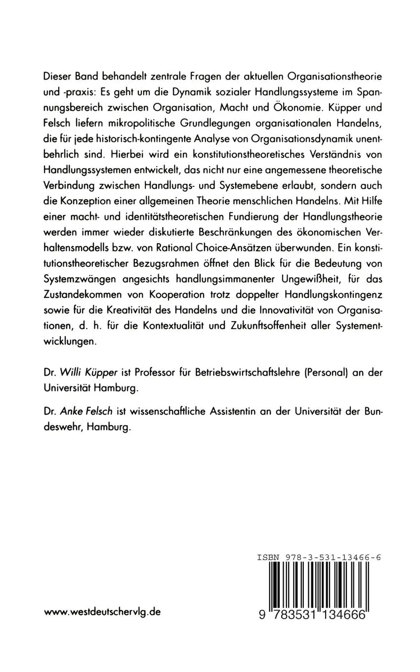 Rückseite: 9783531134666 | Organisation, Macht und Ökonomie | Anke Felsch (u. a.) | Taschenbuch