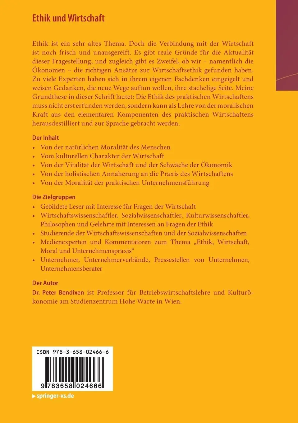 Rückseite: 9783658024666 | Ethik und Wirtschaft | Über die moralische Natur des Menschen | Buch