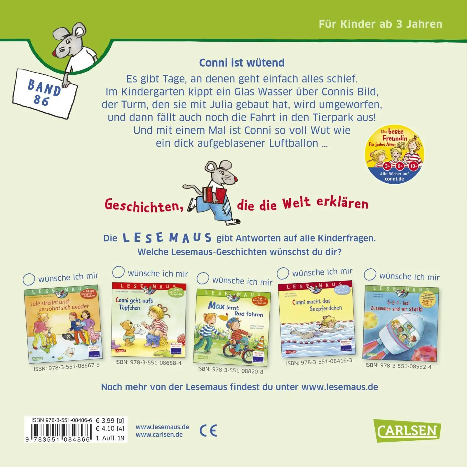 Rückseite: 9783551084866 | LESEMAUS 86: Conni ist wütend | Liane Schneider | Taschenbuch | 24 S.