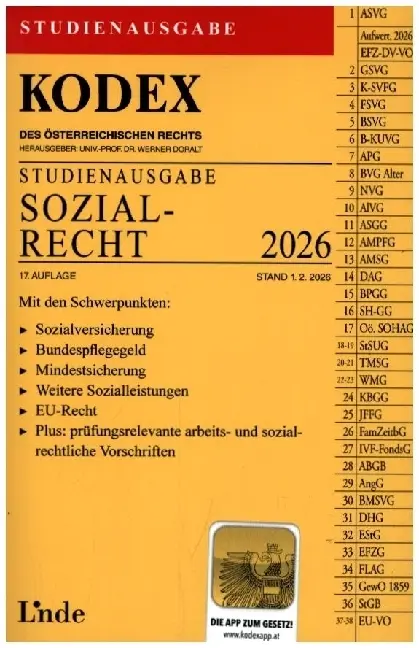 Cover: 9783707354966 | KODEX Studienausgabe Sozialrecht 2026 | Studienausgabe | Werner Doralt