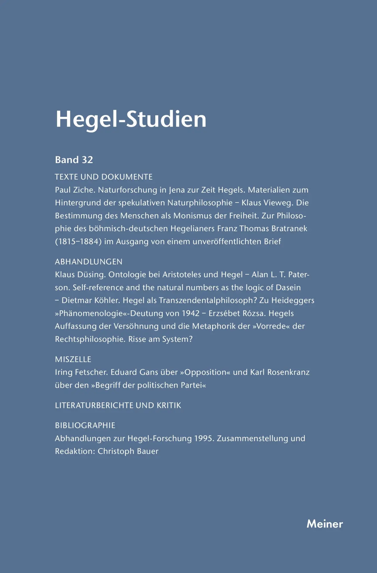 Cover: 9783787314966 | Hegel-Studien / Hegel-Studien Band 32 (1997) | Otto Pöggeler (u. a.)