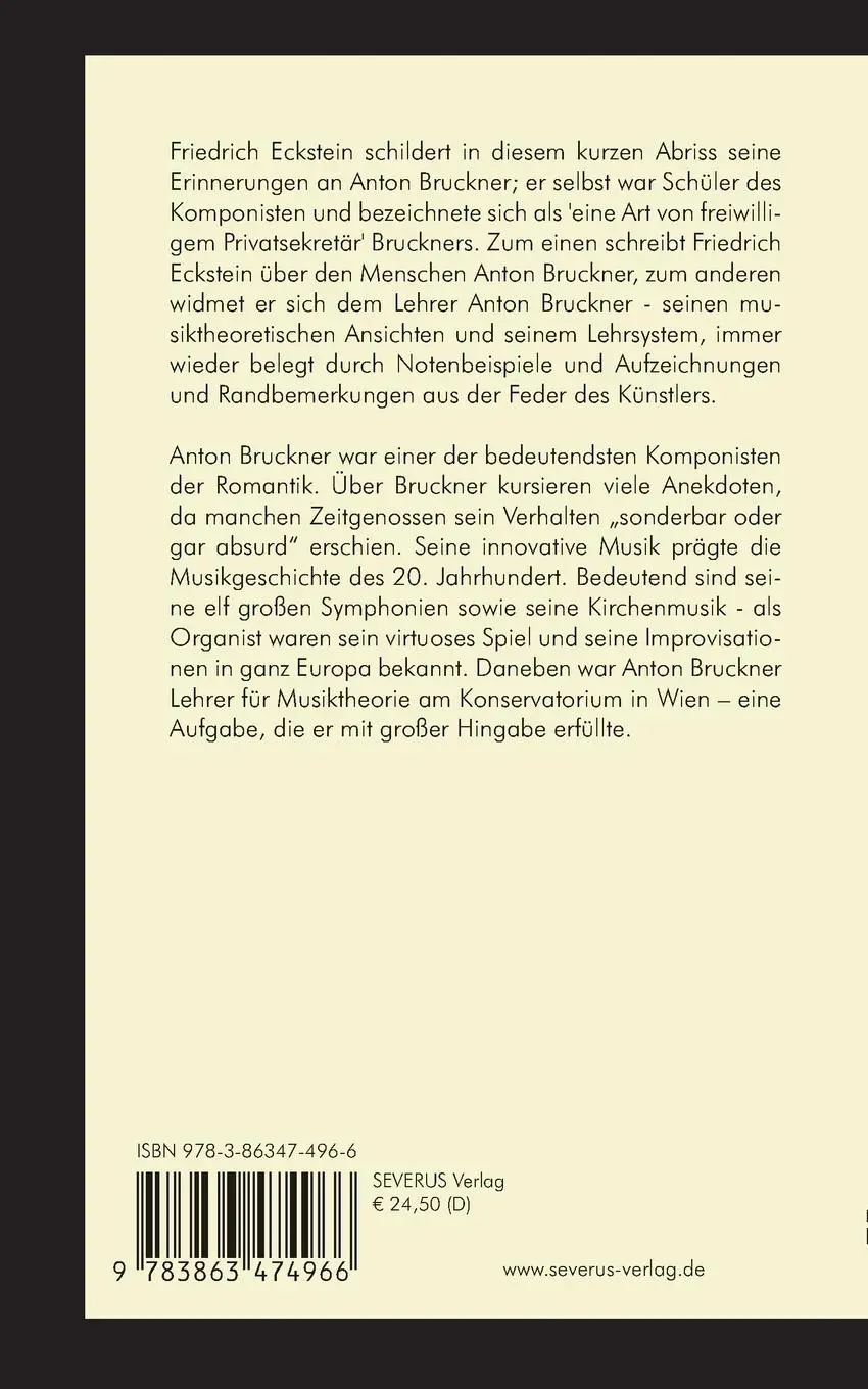 Rückseite: 9783863474966 | Erinnerungen an Anton Bruckner | Friedrich Eckstein | Taschenbuch