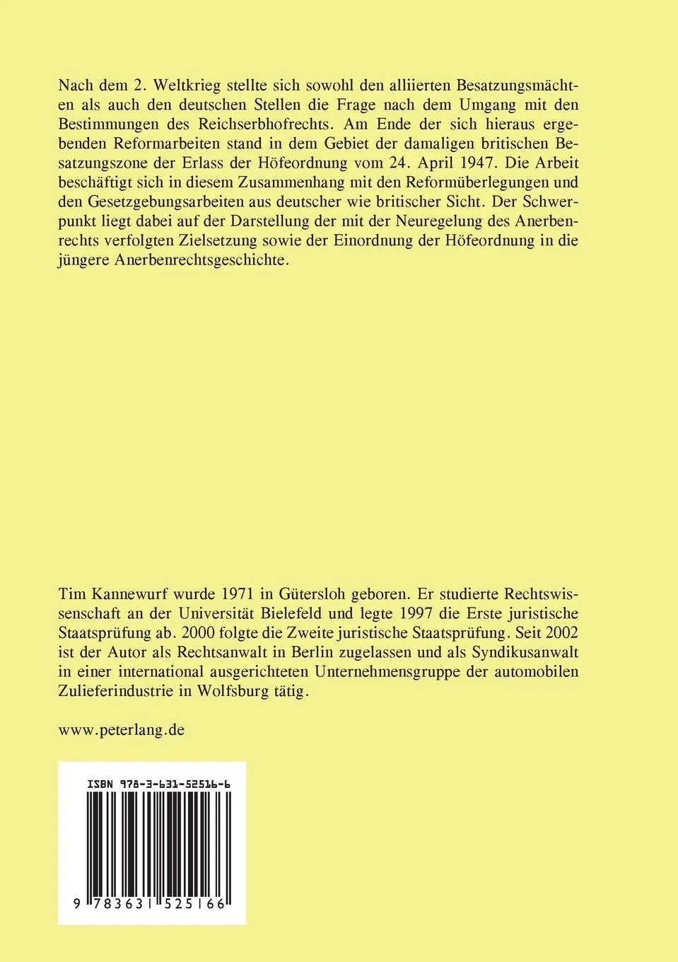 Rückseite: 9783631525166 | Die Höfeordnung vom 24. April 1947 | Tim Kannewurf | Taschenbuch