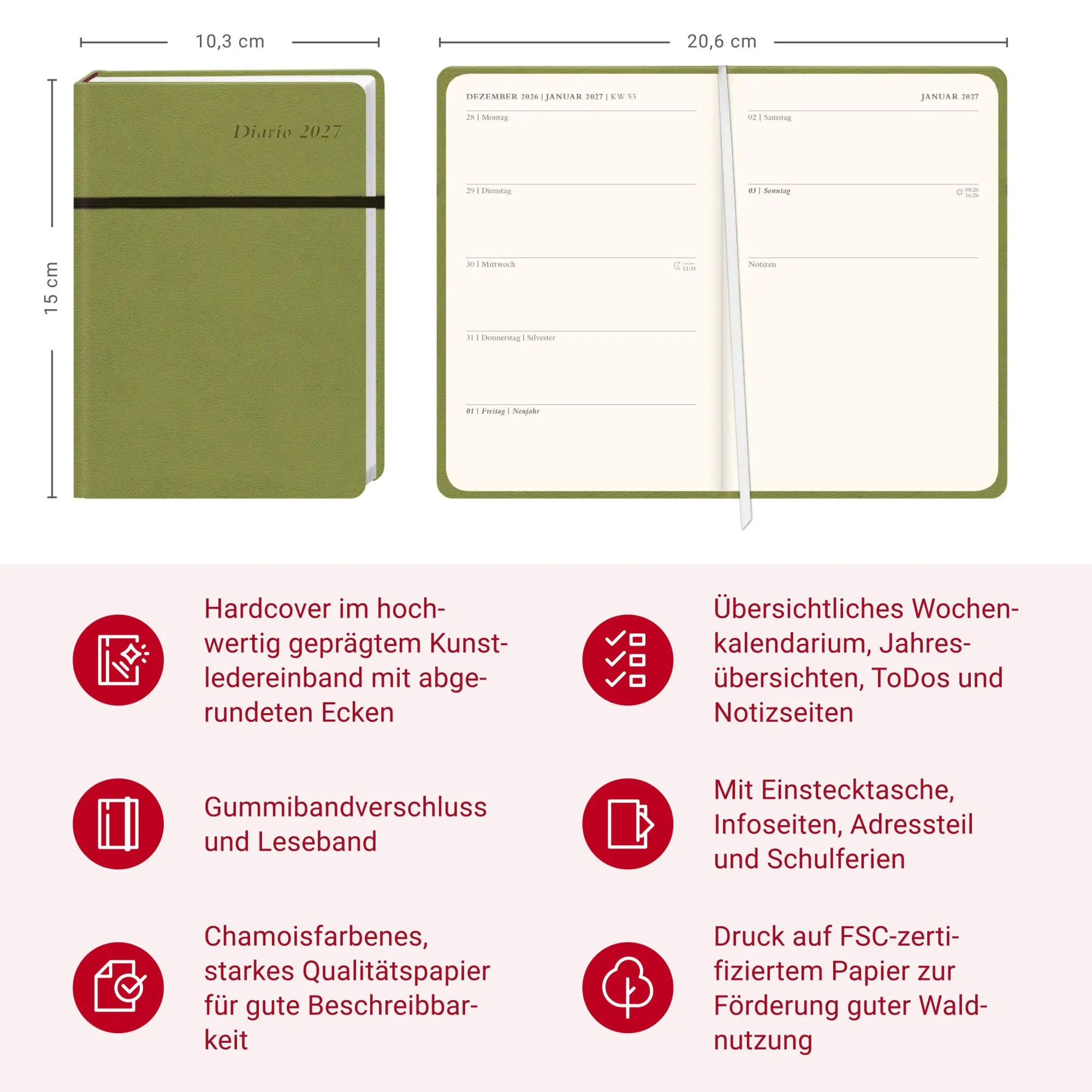 Bild: 9783756415366 | Diario Wochen-Kalenderbuch A6, grün 2027 | Buch | Bürokalender Heye