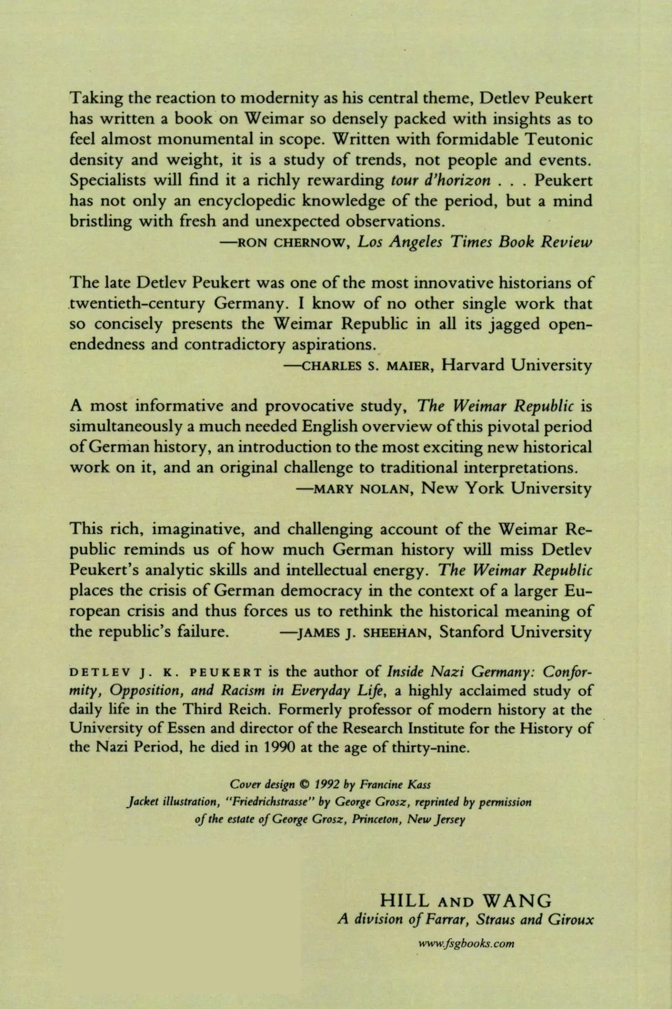 Rückseite: 9780809015566 | The Weimar Republic | Detlev J. K. Peukert (u. a.) | Taschenbuch