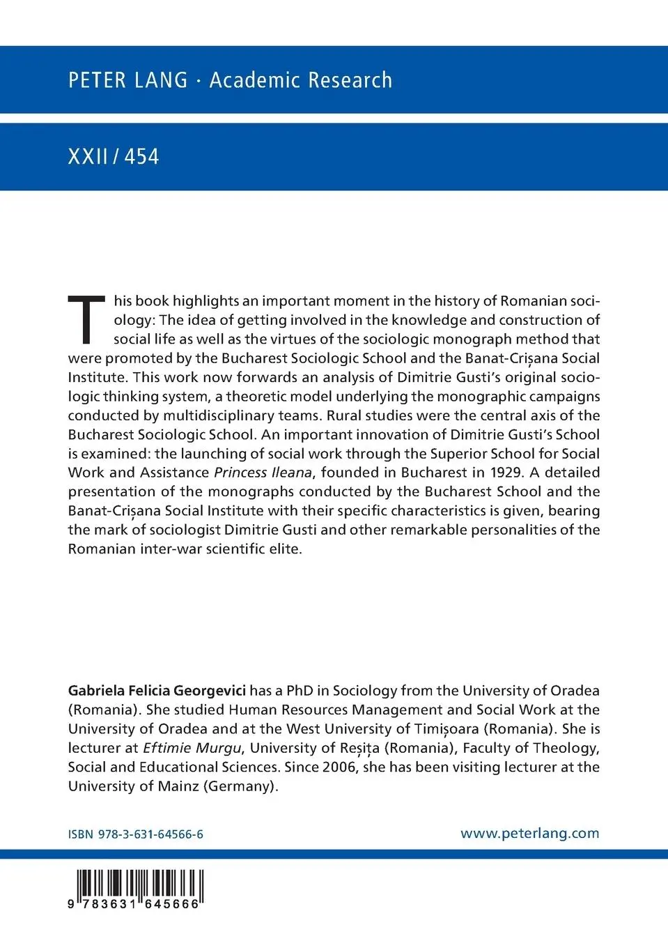 Rückseite: 9783631645666 | Monographic Sociology of Dimitrie Gusti | Social Science and Reform