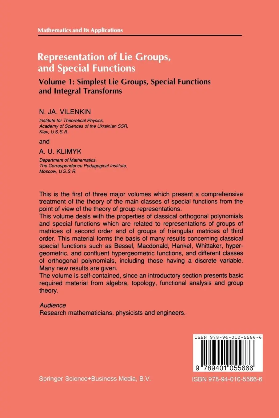 Rückseite: 9789401055666 | Representation of Lie Groups and Special Functions | Vilenkin (u. a.)