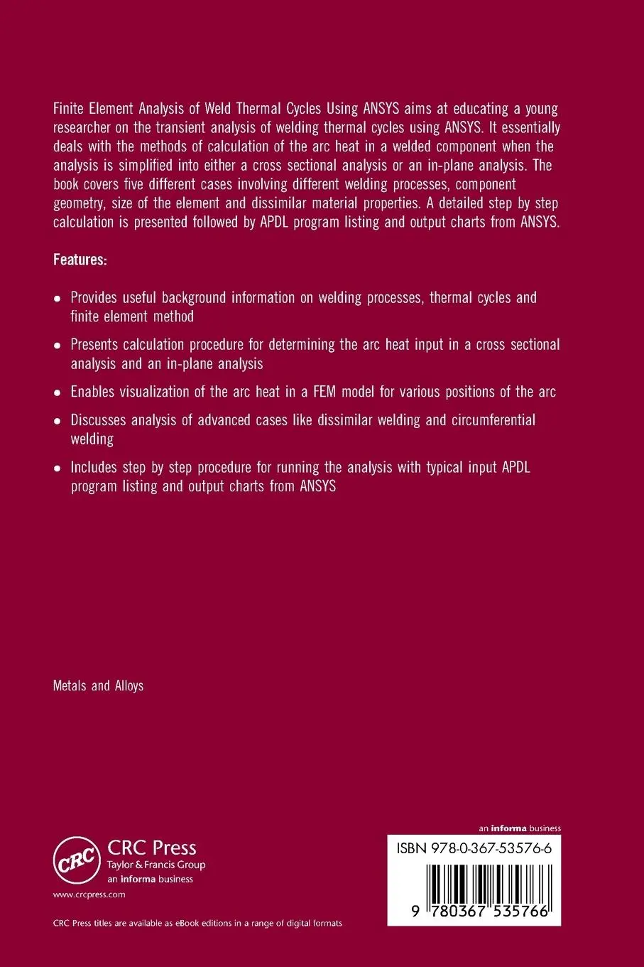 Rückseite: 9780367535766 | Finite Element Analysis of Weld Thermal Cycles Using ANSYS | Buch