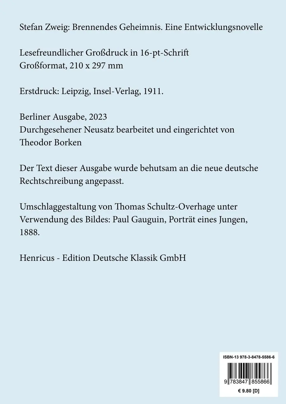 Rückseite: 9783847855866 | Brennendes Geheimnis (Großdruck) | Eine Entwicklungsnovelle | Zweig