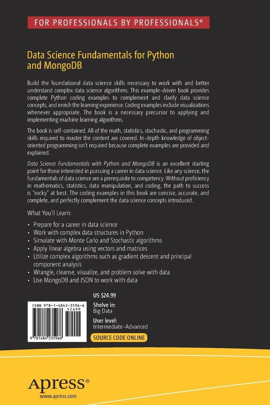 Rückseite: 9781484235966 | Data Science Fundamentals for Python and MongoDB | David Paper | Buch