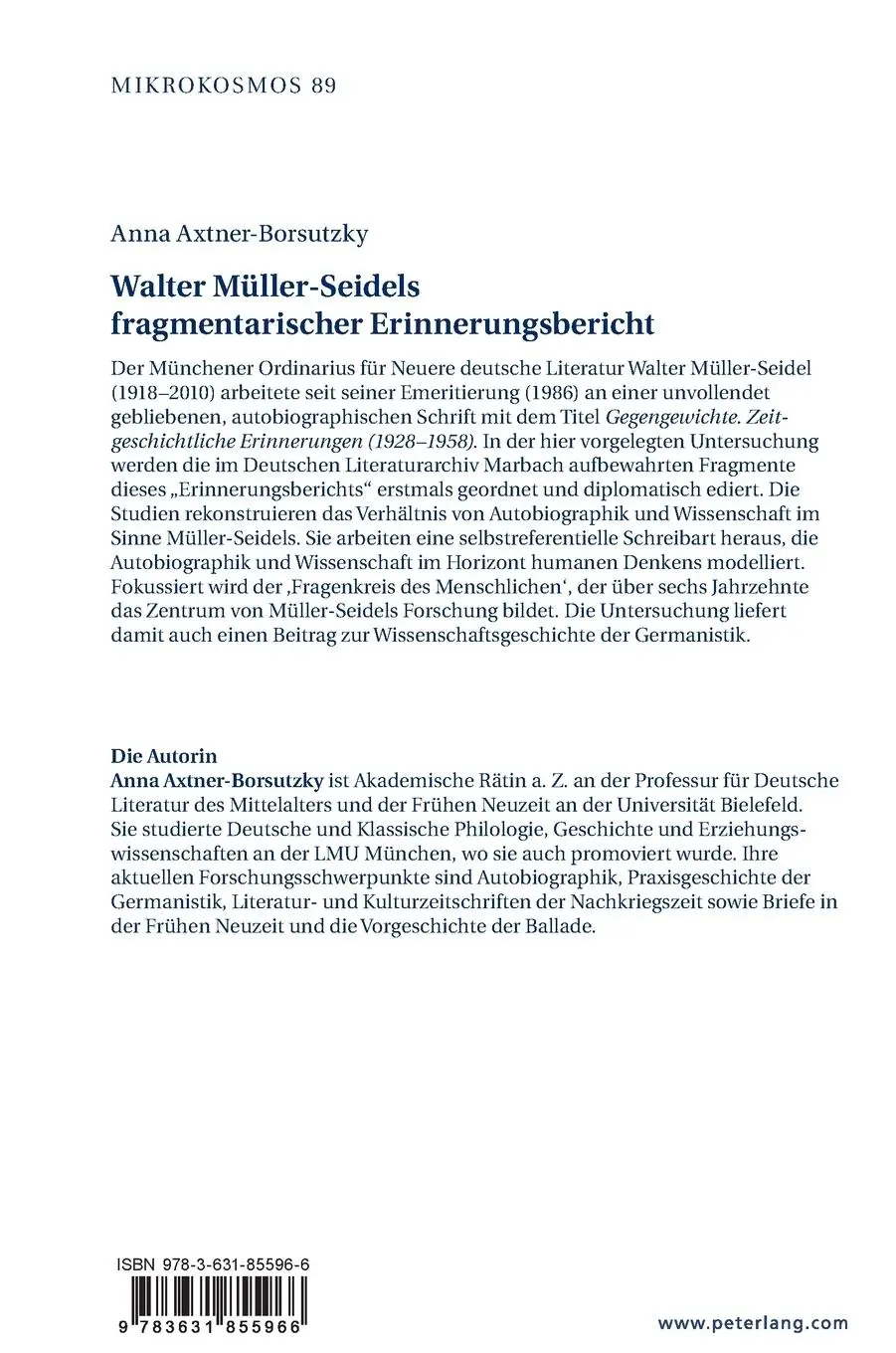 Rückseite: 9783631855966 | Walter Müller-Seidels fragmentarischer Erinnerungsbericht | Buch