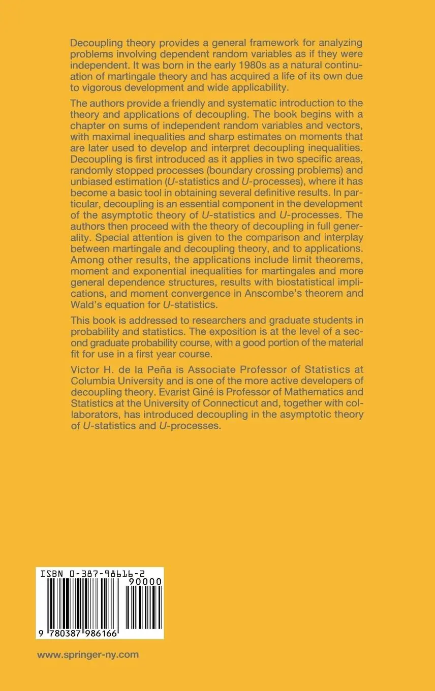 Rückseite: 9780387986166 | Decoupling | From Dependence to Independence | Evarist Giné (u. a.)