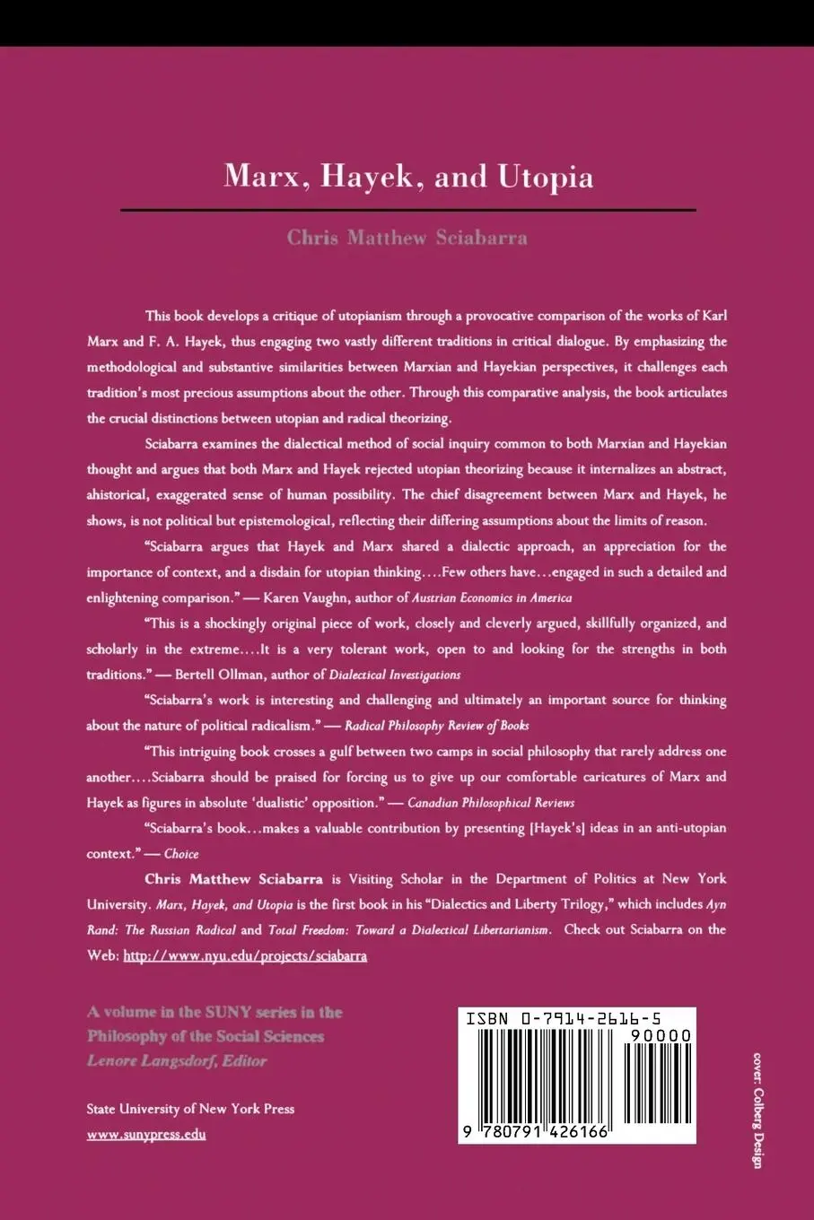 Rückseite: 9780791426166 | Marx, Hayek, and Utopia | Chris Matthew Sciabarra | Taschenbuch | 1995