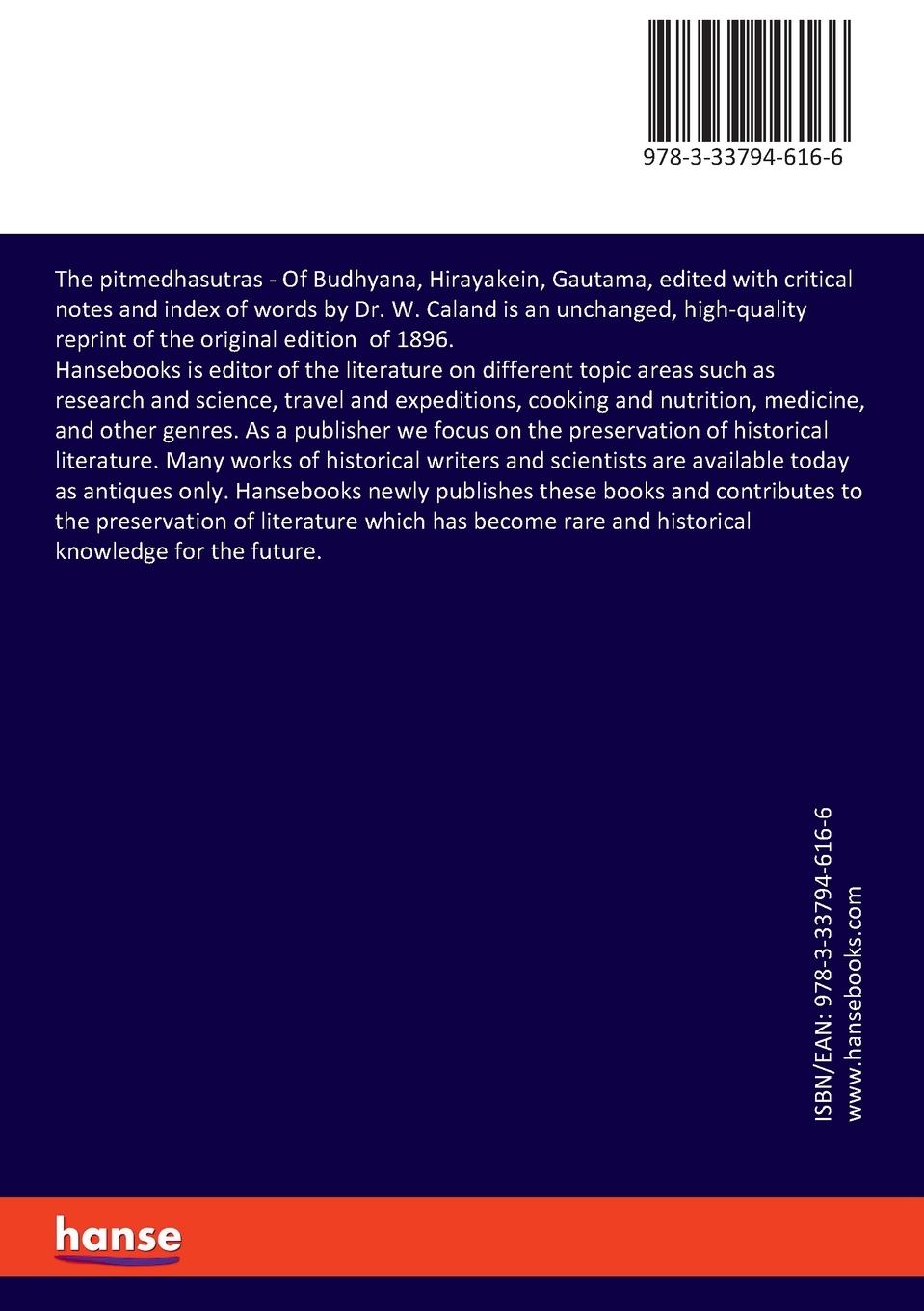 Rückseite: 9783337946166 | The pitmedhasutras | Willem Caland Baudhayana | Taschenbuch | 160 S.