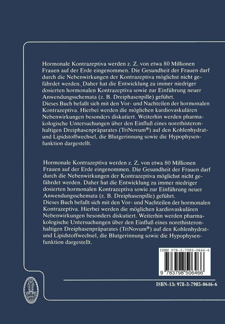 Rückseite: 9783798506466 | Hormonale Kontrazeption | B. Runnebaum (u. a.) | Taschenbuch | viii