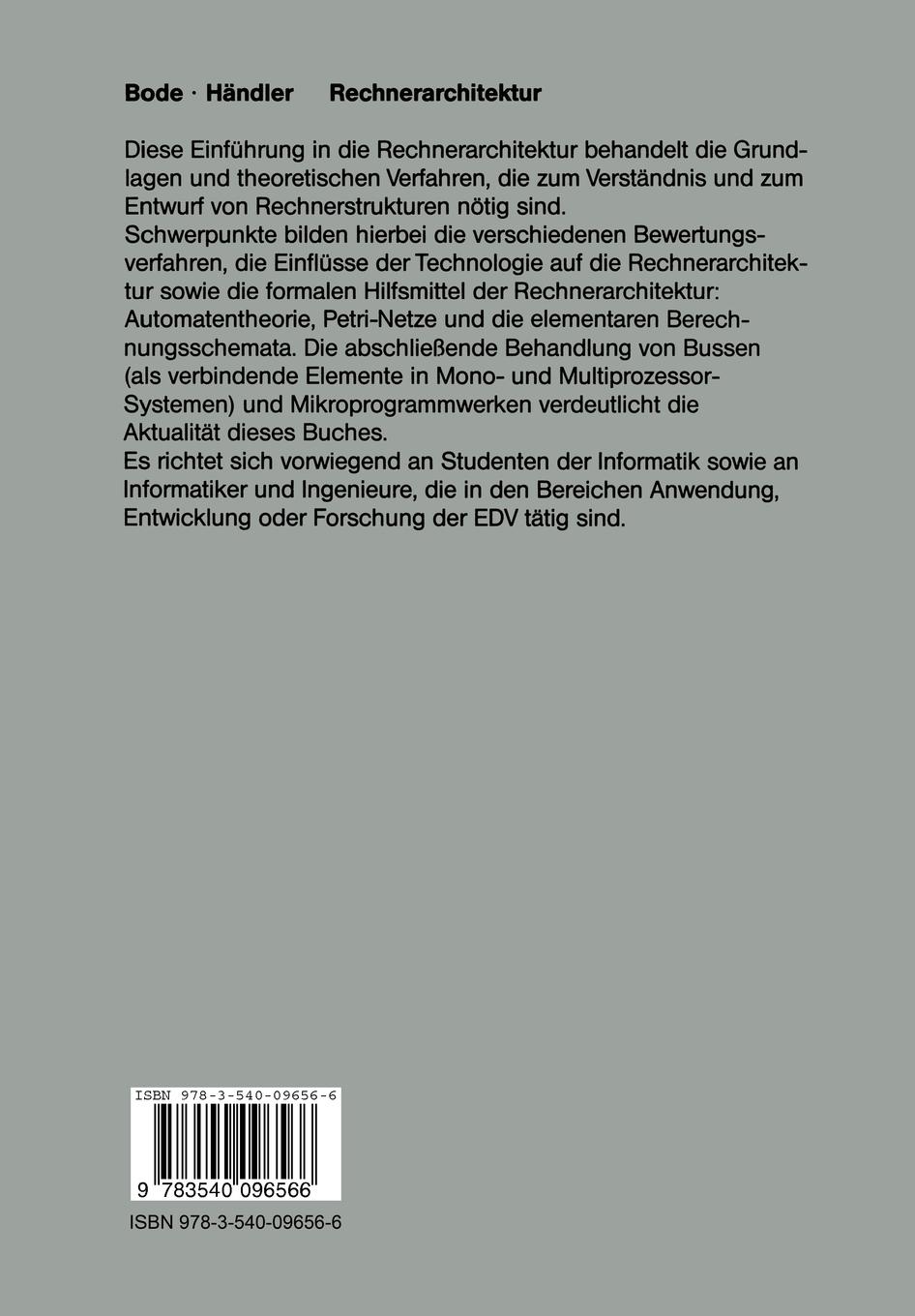 Rückseite: 9783540096566 | Rechnerarchitektur | Grundlagen und Verfahren | Arndt Bode (u. a.)
