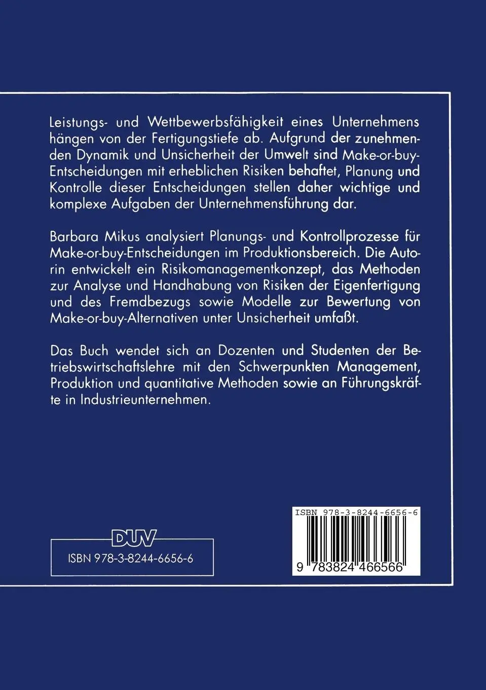 Rückseite: 9783824466566 | Make-or-buy-Entscheidungen in der Produktion | Barbara Mikus | Buch