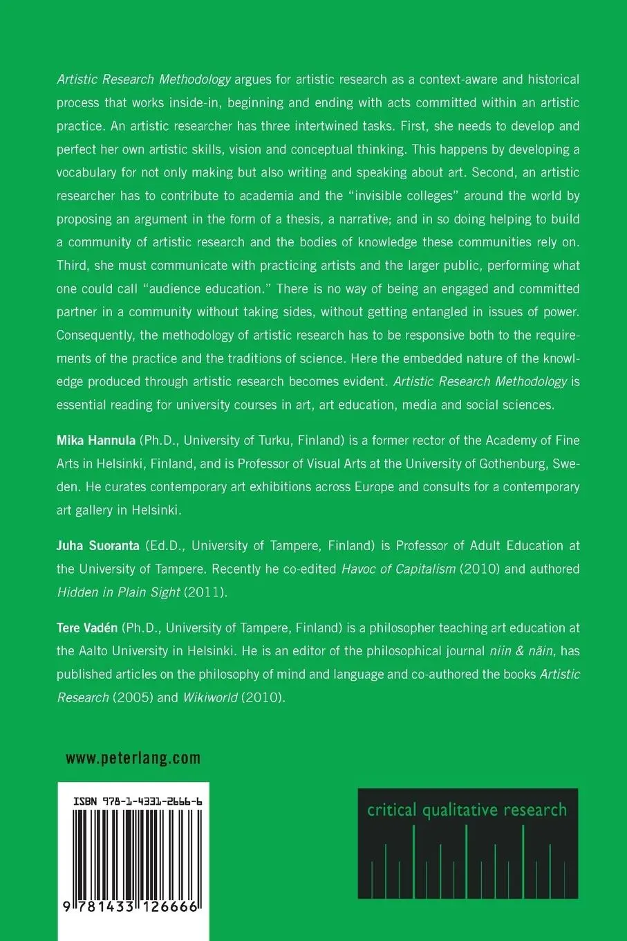Rückseite: 9781433126666 | Artistic Research Methodology | Narrative, Power and the Public | Buch