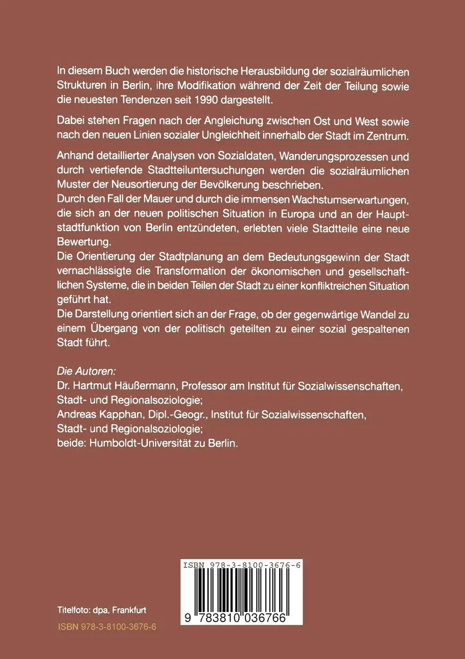 Rückseite: 9783810036766 | Berlin: Von der geteilten zur gespaltenen Stadt? | Kapphan (u. a.)